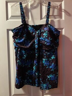 Swimsuits For All Black Floral Tankini Top with Blue Teal Flowers